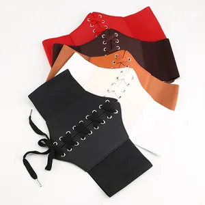 Elastic corset belts in five colors featuring lace-up faux leather and metal eyelets