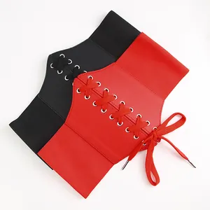 Vintage elastic wide waist belt in black and red with corset-style lace-up details