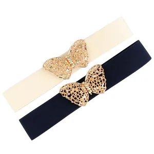 Cinturones elásticos de mariposa para mujer en negro y beige con hebilla de metal dorado