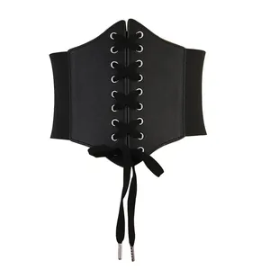 Vintage black corset waist belt with lace-up faux leather front and elastic band