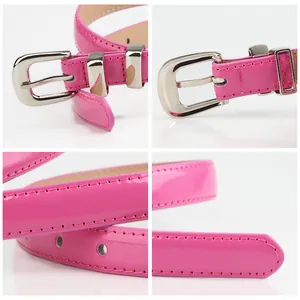 Women's slim pink patent leather belt with silver metal buckle for jeans and dresses