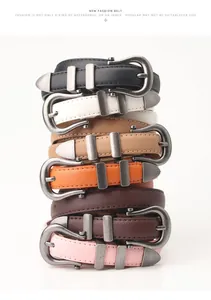 Detailed view of women's vintage slim leather belts in seven colors with antique metal buckles