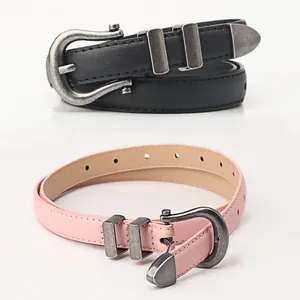 Vintage silver buckle leather belt in black and pink for women suits and trousers