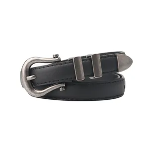 Vintage silver buckle black leather belt for women, retro equestrian style waist accessory