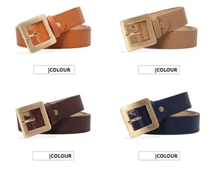 Dettaglio di quattro cinture da donna in ecopelle con fibbie quadrate dorate lucide