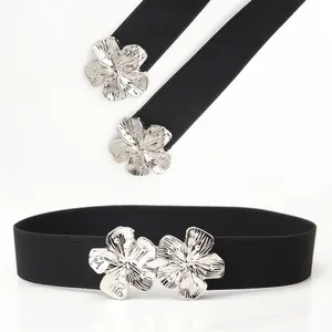 Ceinture élastique noire pour femme avec boucle fleur argentée pour manteau et robe