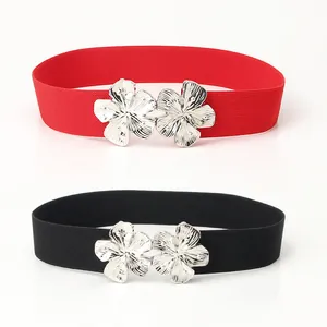 Ceinture élastique large pour femme avec boucle fleur argentée en rouge et noir
