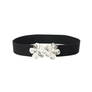 Ceinture élastique noire pour femme avec boucle florale argentée pour manteaux et robes