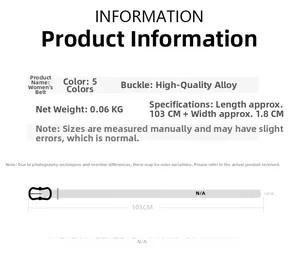 Detailed size chart for women leather belt with alloy buckle showing dimensions 103x1.8cm