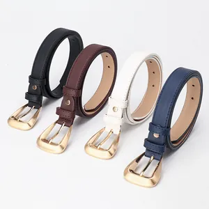Women's minimalist thin leather belts in black, brown, white and blue with gold alloy buckles