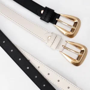 Women's minimalist faux leather belts with gold water-drop buckle in black and cream