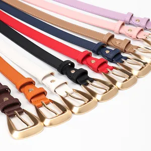 Minimalist skinny faux leather belts with gold buckles in various colors for women