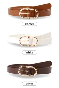 Three leather belts in camel, white, and coffee with stylish gold double oval buckles