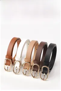 Detailed collection of slim women's belts in five colors with golden oval metal buckles