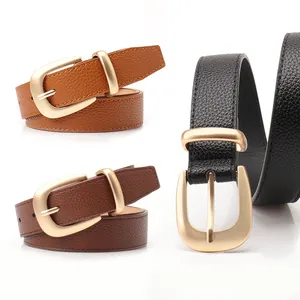 Cintura da Donna alla Moda in Ecopelle con Fibbia ad Ardiglione in Lega Semplice Texture Litchi Cinturino per Jeans Vestito Casual Pendolare