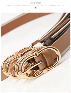 Detailed close-up of slim leather belts for women with golden oval buckles in multiple colors