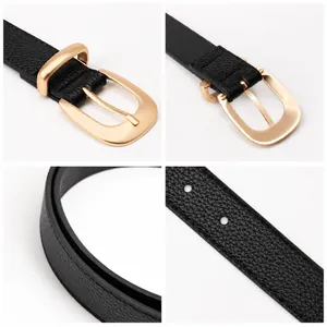 Cintura minimalista in pelle nera da donna con fibbia in lega dorata opaca