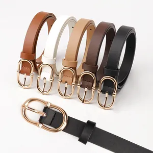 Women's Thin Waist Belt Faux Leather Gold Alloy Double Ring Pin Buckle Fashion Minimalist Commuter Jeans Dress Accessory
