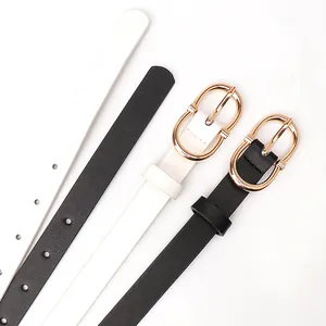 Minimalist thin waist belts for women in black and white with gold oval buckle