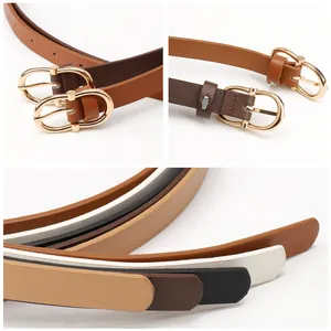 Classic minimalist women's leather belt set with polished oval gold metal pin buckle