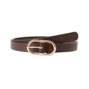 Minimalist brown leather belt with elegant golden oval metal buckle for women