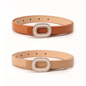 Elegant thin leather waist belt for women with pearl and rhinestone oval buckle