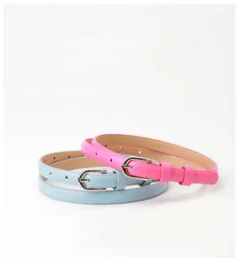 Dettagli di cinture sottili rosa e azzurre con fibbie argentate su sfondo bianco