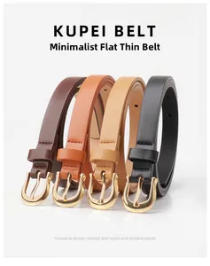 Detail of four candy-colored slim belts with golden horseshoe buckles for women