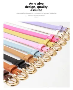 Close-up of assorted PU leather women's belts in 10 candy colors with alloy buckles