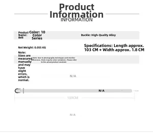 Detailed sizing chart showing a 103cm by 1.8cm skinny belt with alloy buckle info