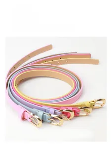 Detailed view of colorful skinny belts with golden metal buckles in various macaron shades