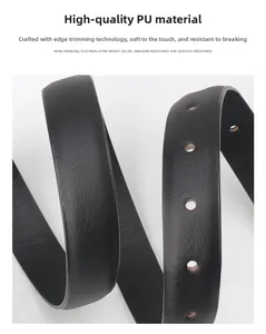 Vue détaillée de la texture de ceinture en cuir PU noir avec toucher doux et trous pré-percés