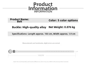 Size chart for slim women belt showing dimensions 103cm by 1.9cm and alloy buckle specs