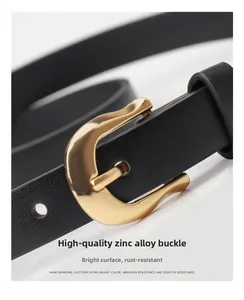 Detail of premium zinc alloy buckle with gold plating and black leather belt texture