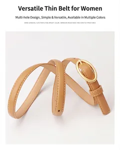 Detail eines schmalen Ledergürtels in Camel mit goldener Schnalle und Präzisionsnaht