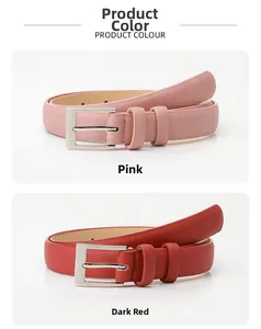 Comparaison détaillée des ceintures fines en cuir rose et rouge foncé avec boucle