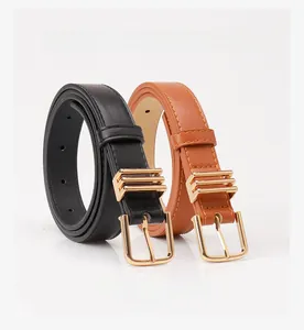 Ceintures en similicuir noir et marron avec boucle dorée à triple barre unique