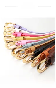 Detail showing various candy-colored skinny belts with gold pin buckles for women