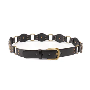 Vintage western leather belt with bronze rivets and metal rings for women's dresses