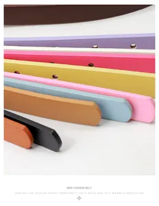 Close-up of colorful thin belts showing textured finish and pin holes in various colors