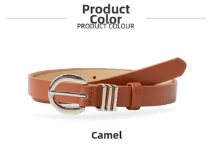 Detail view of a camel leather belt featuring a silver arched buckle and metal loops