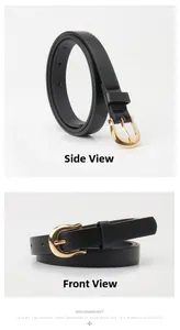 Front and side view of slim black leather belt with a polished gold pin buckle
