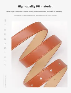 Détail d'une ceinture en cuir PU marron avec coutures jaunes et structure multicouche