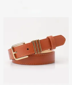 Détails d'une ceinture fine en similicuir marron avec boucle ardillon dorée élégante