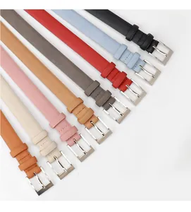 Détail de fines ceintures colorées pour femmes avec boucles carrées classiques en métal argenté