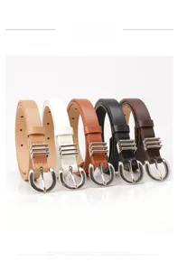 Detail view of five assorted slim leather belts with silver U-shaped metal buckles