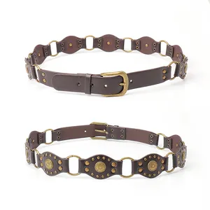 Women Western Cowboy Belt Vintage Studded PU Leather Wide Waist Band Alloy Pin Buckle Boho Punk Decorative Belt For Jeans Dresses