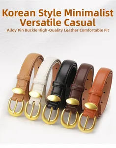 Detailed display of slim leather belts with golden oval alloy buckles in five colors