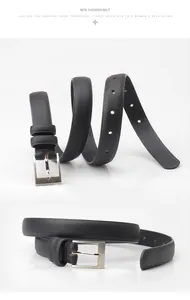 Détails d'une ceinture fine en cuir noir avec boucle argentée et trous de réglage ronds