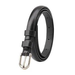 Cintura sottile classica in pelle nera da donna con fibbia ad ardiglione argento lucido